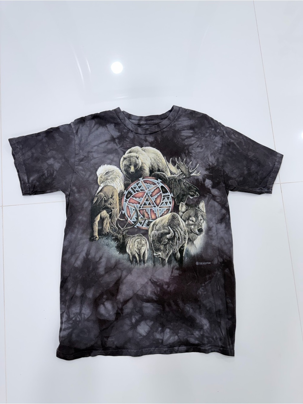 Vintage The Mountain Animal Graphic Tee Black Tie Dye Wolf Bear Eagle Y2K Size M